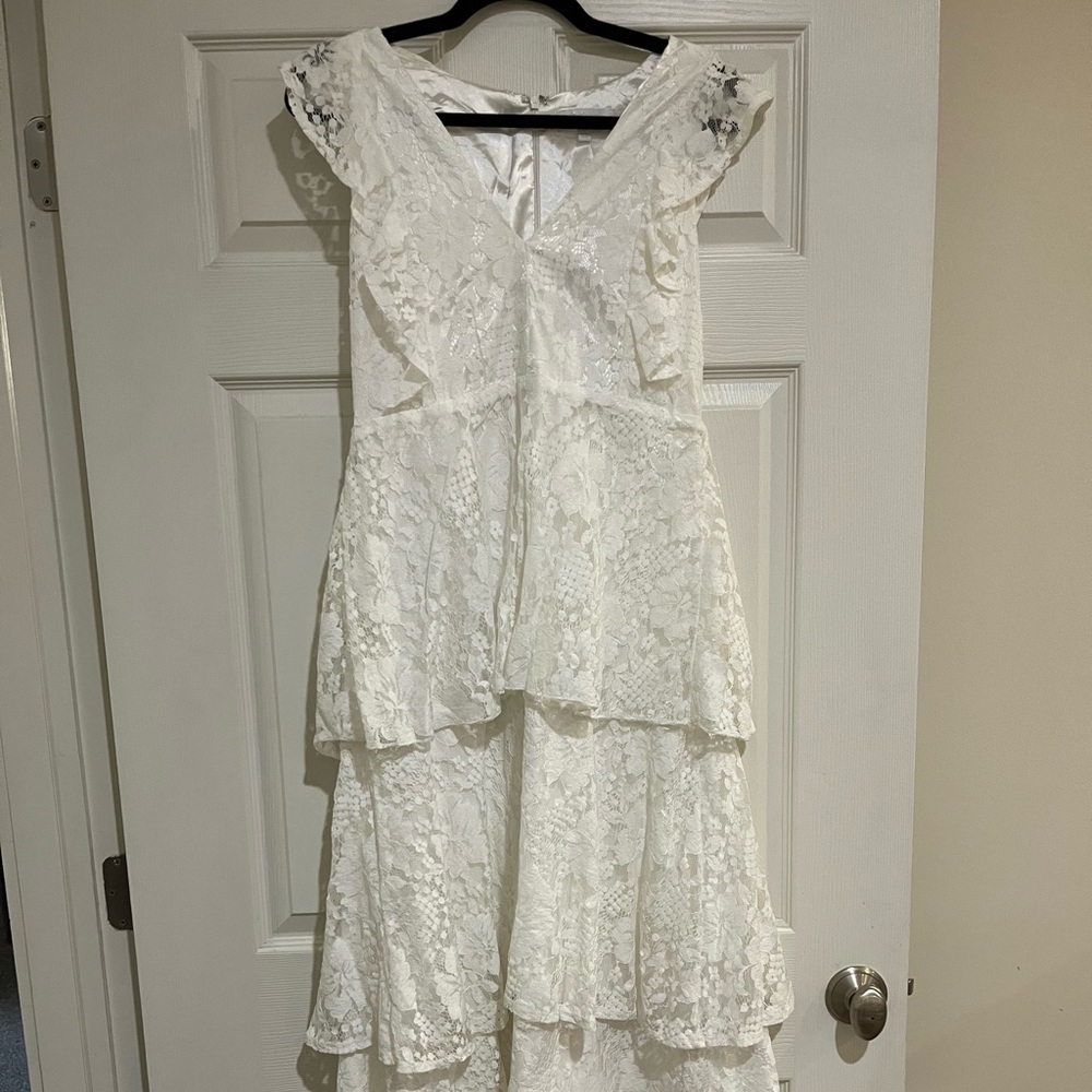 Lulus white lace ruffled dress- size L